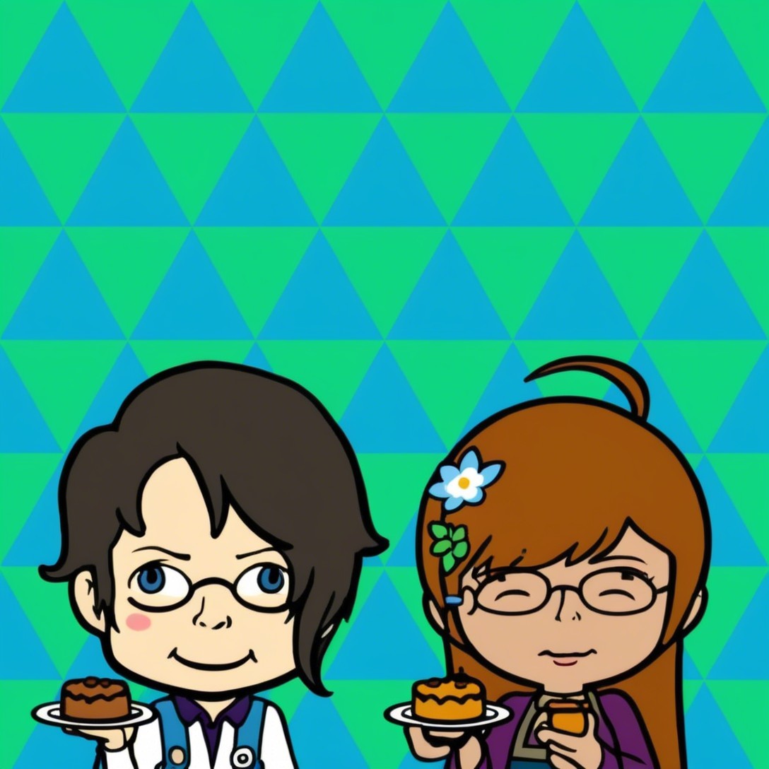 Anime Characters with Brown Hair and Blue Background Triangles