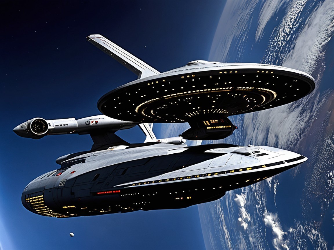 Futuristic spaceship orbiting a distant planet in space