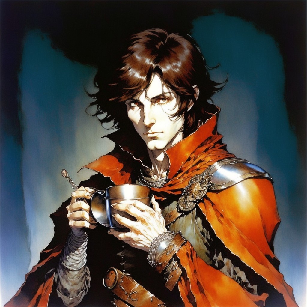 Young man in red cloak and silver armor with cup