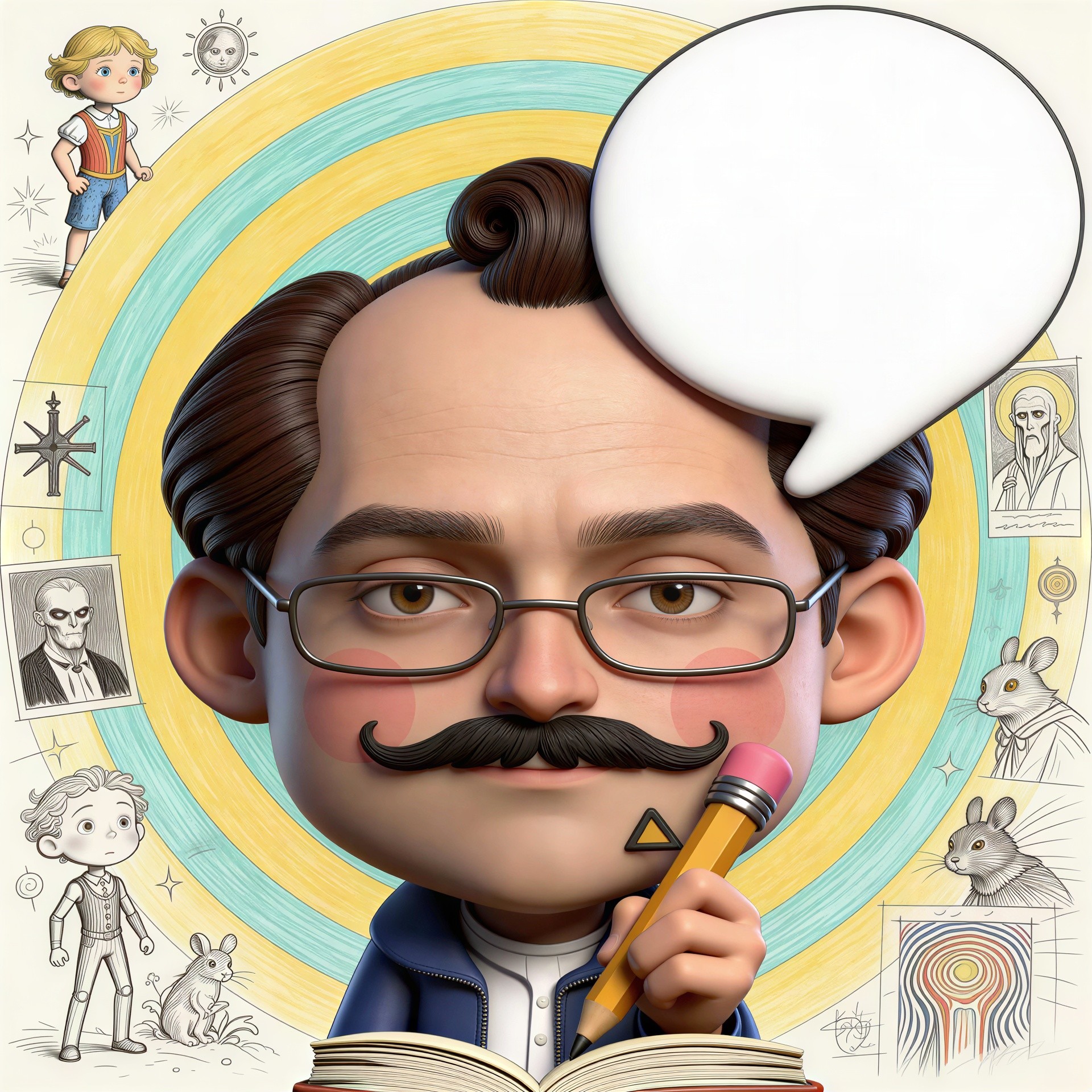 Cartoon of a Man Writing in a Book with Sketches