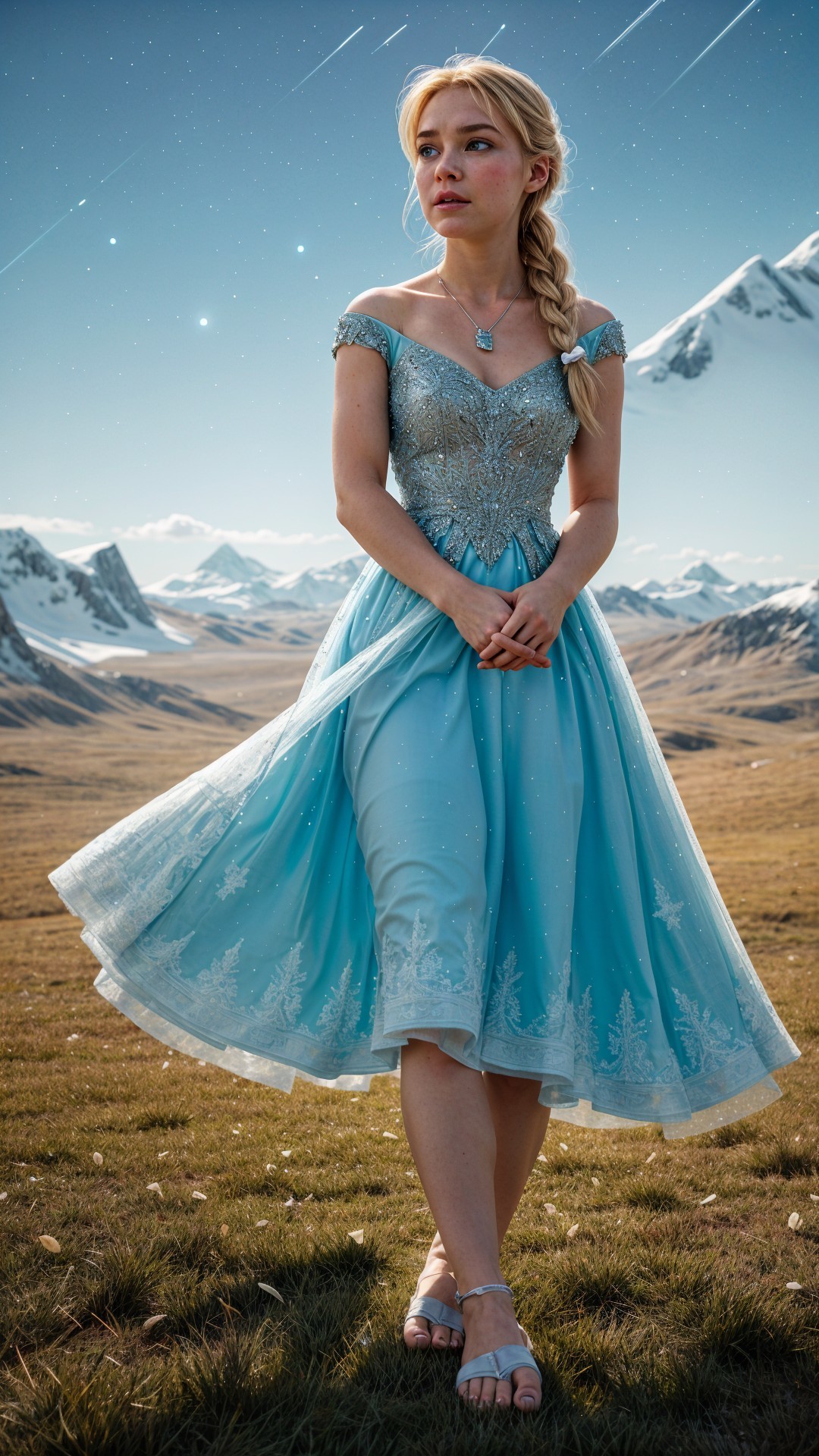 Young woman in blue dress with mountain backdrop