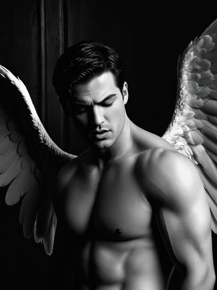 Monochromatic Portrait of a Muscular Man with Wings