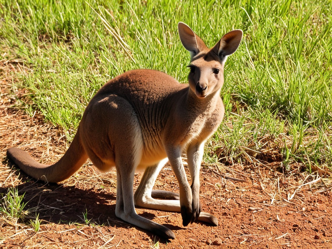 Kangaroo on a dirt path in lush green grass