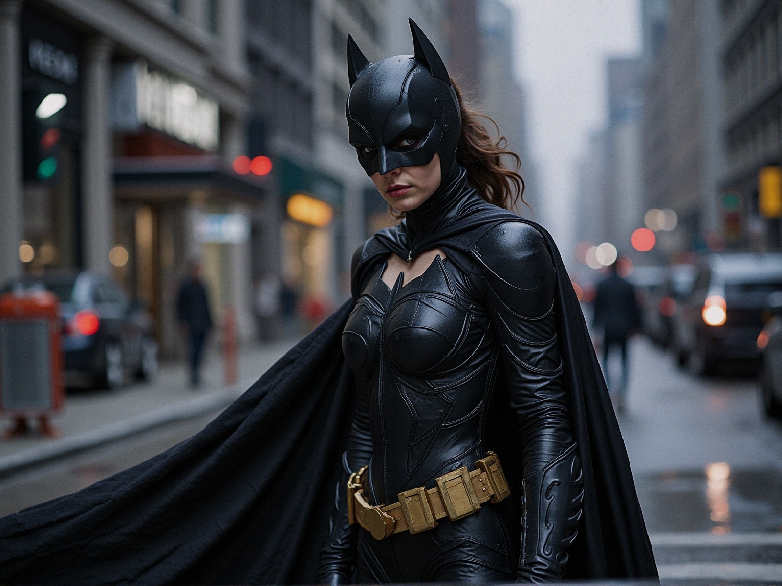 Heroic figure in black batsuit on urban street