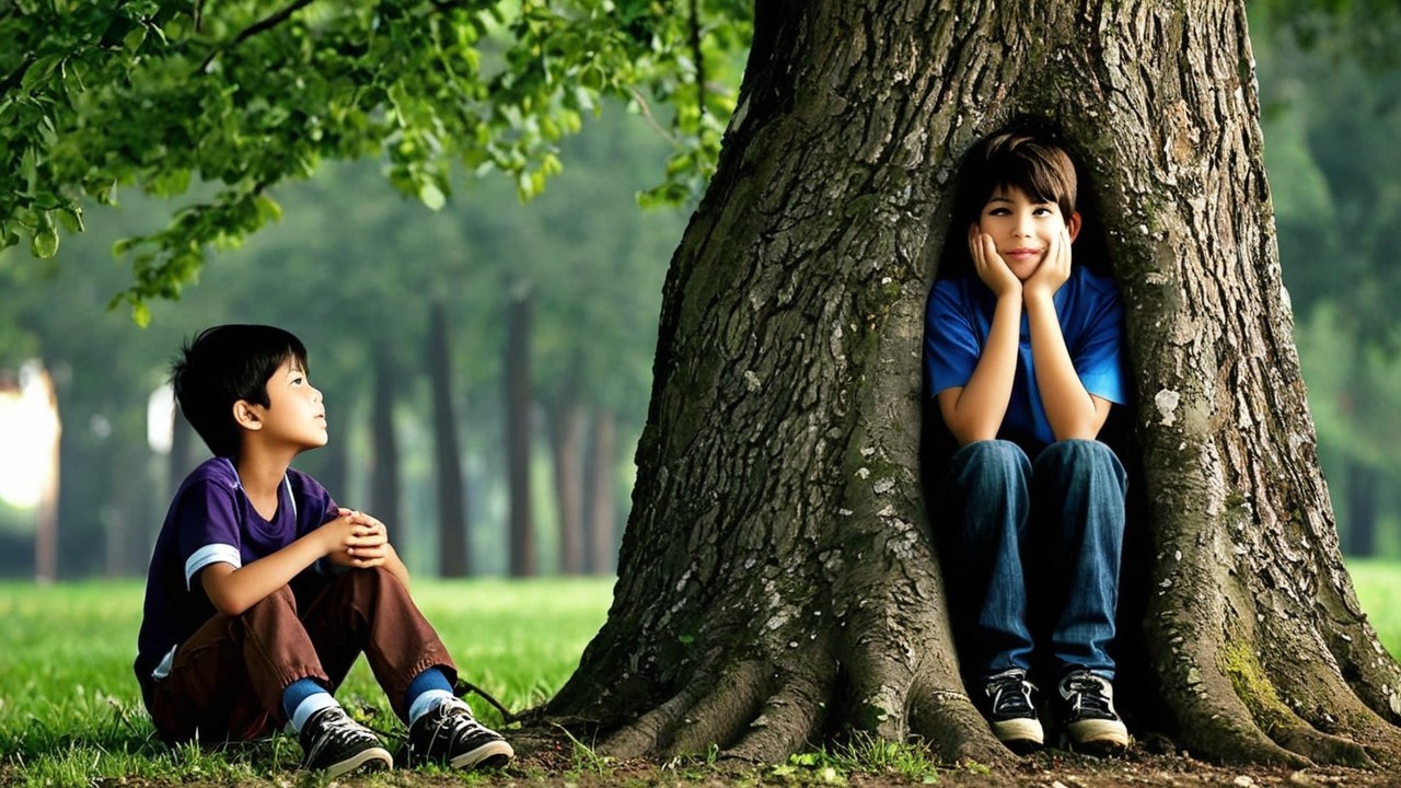 Boys Sitting Under a Large Tree in a Green Park
