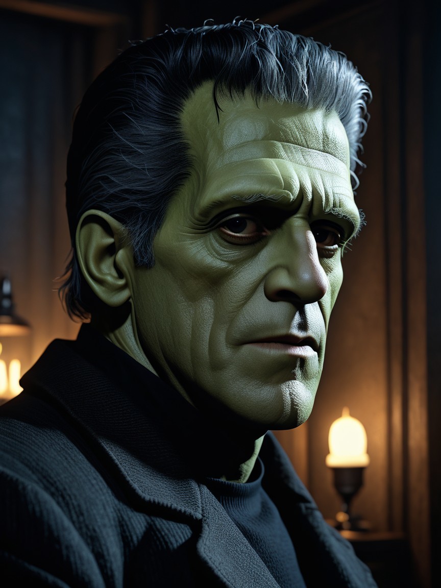 Close-Up of Classic Horror Character with Green Complexion
