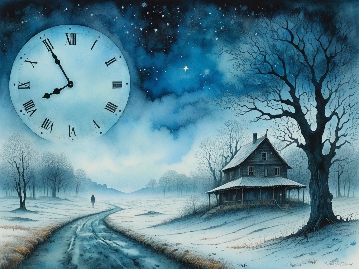Watercolor of Winter Landscape with Antique Clock Face