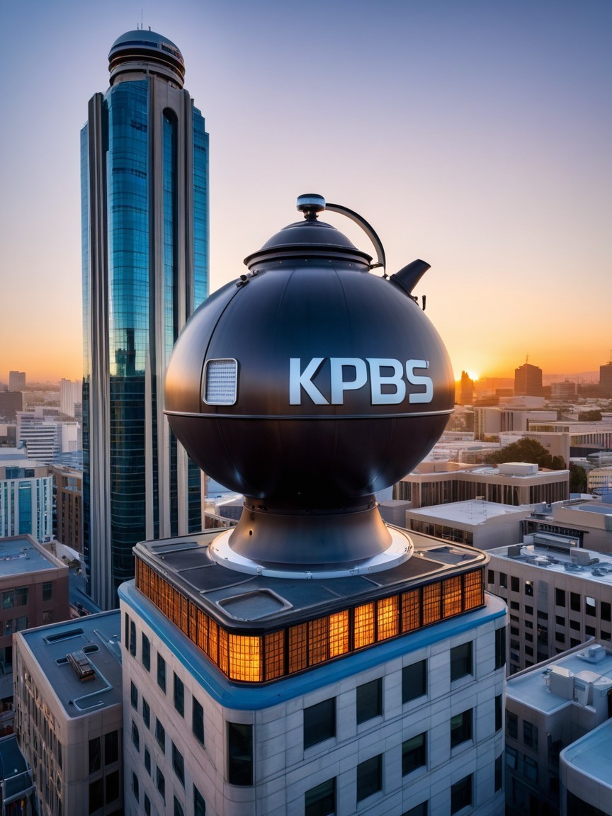 Rooftop Structure Resembling Kettle with City Skyline