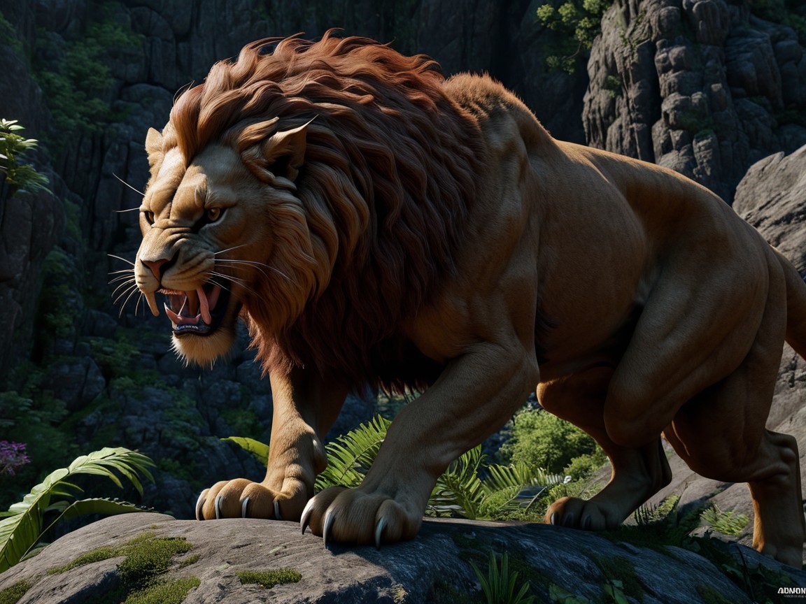 Majestic Lion in Rocky Landscape with Lush Foliage