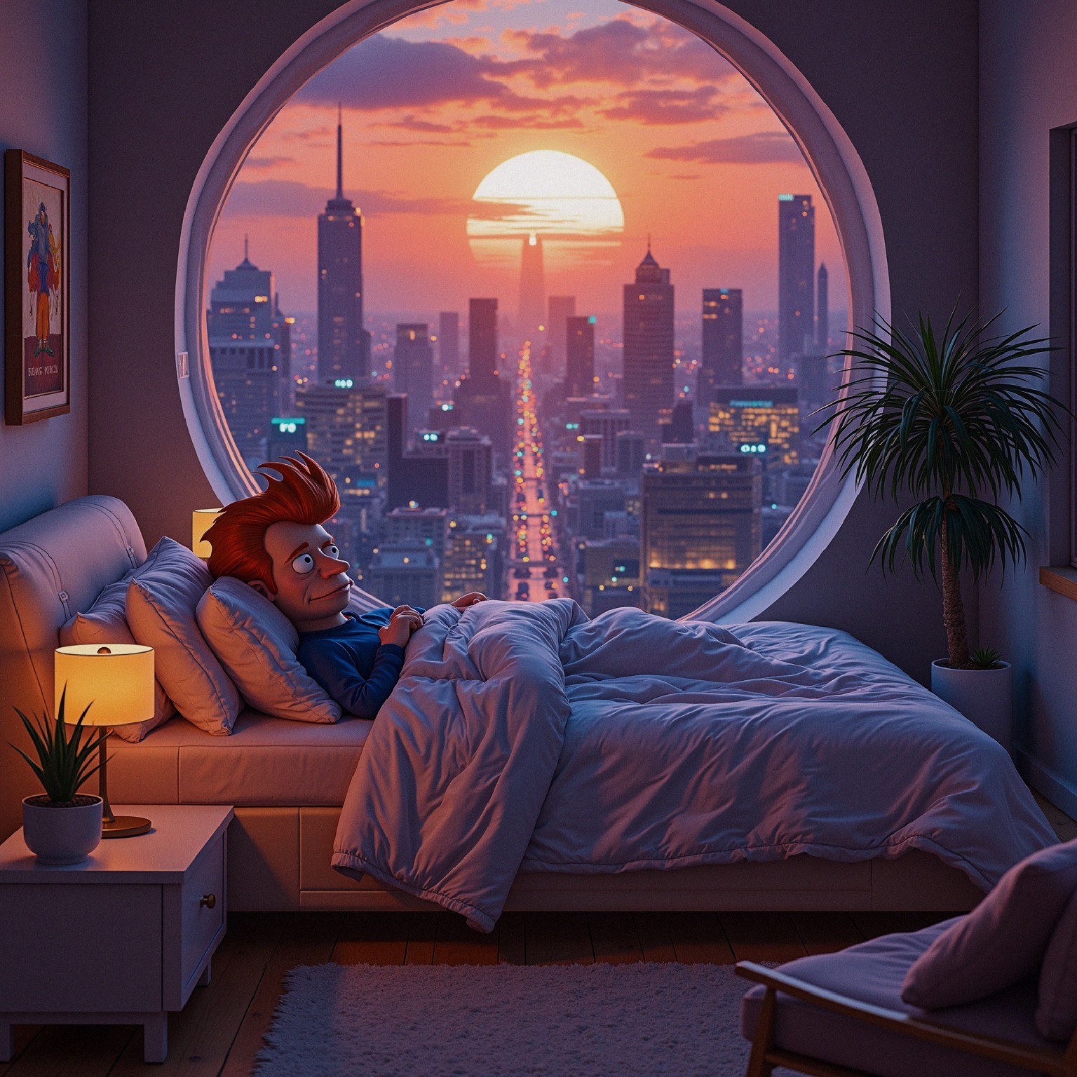 Cartoon Character Relaxing by Sunset City Skyline