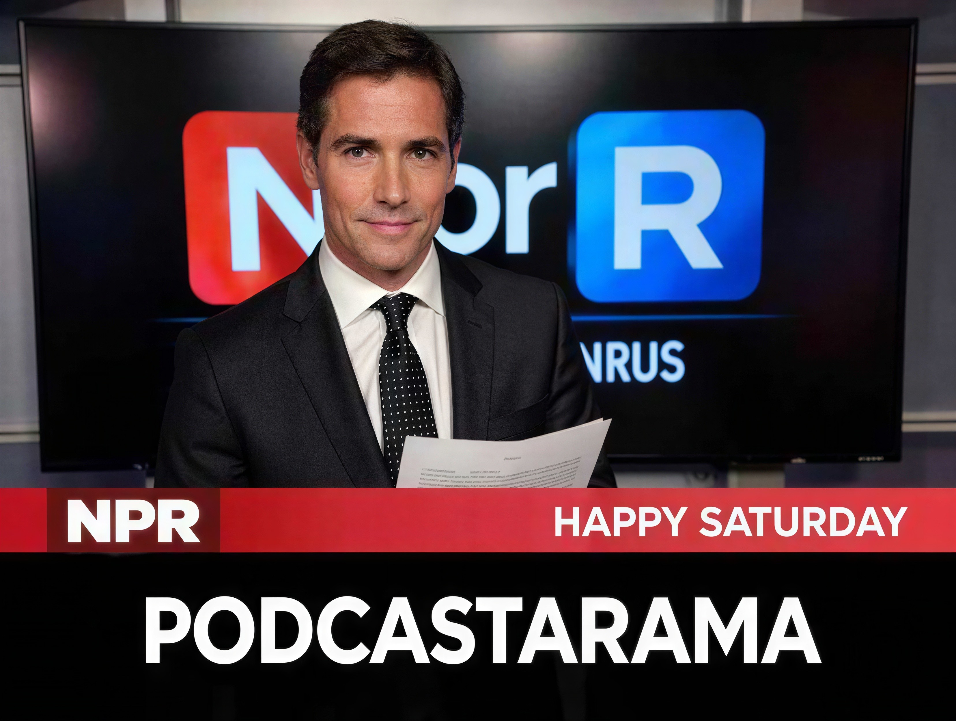 Man in Suit Holding Paper in Front of Monitor Displaying Logo