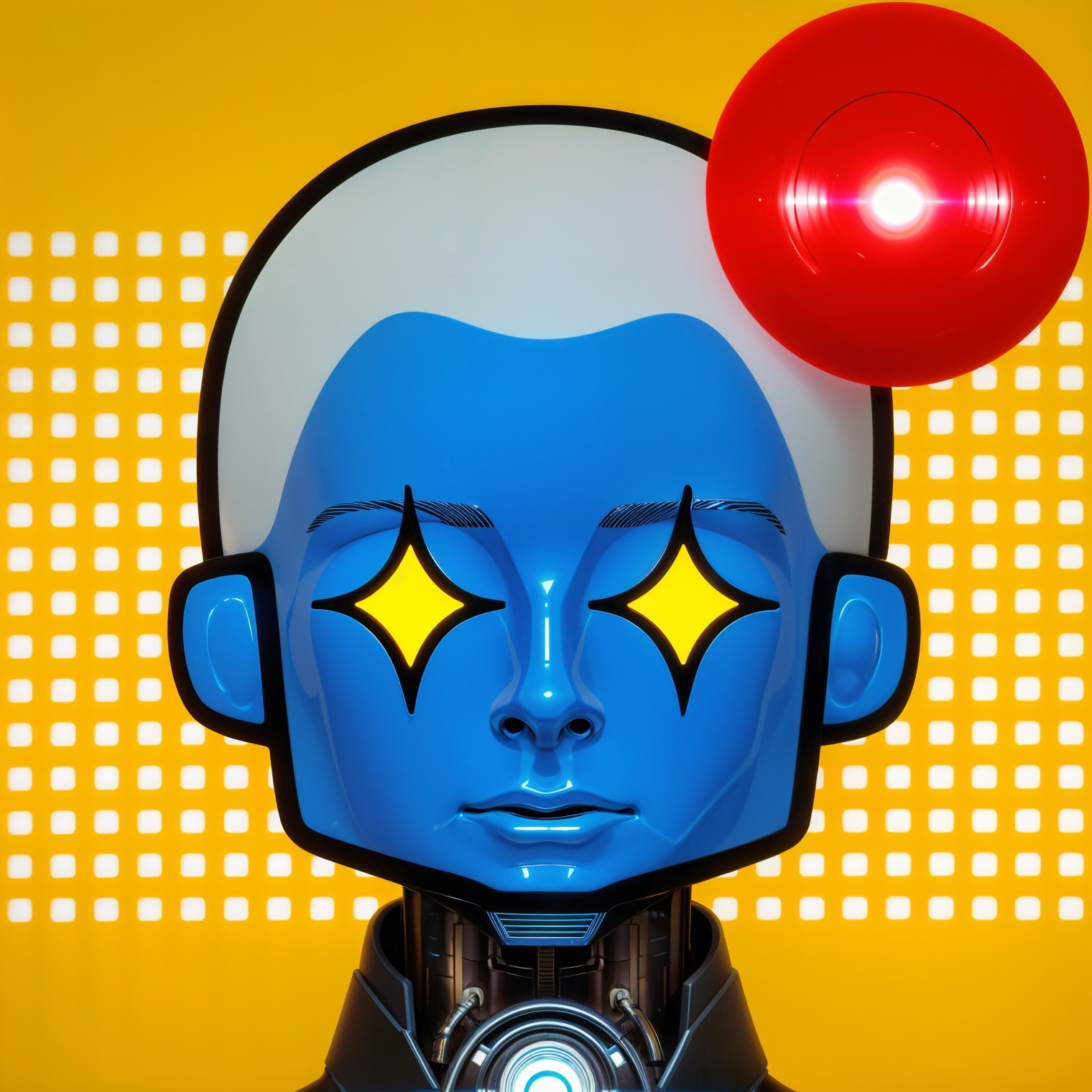Stylized Blue Robot Head with Star Eyes and Red Element