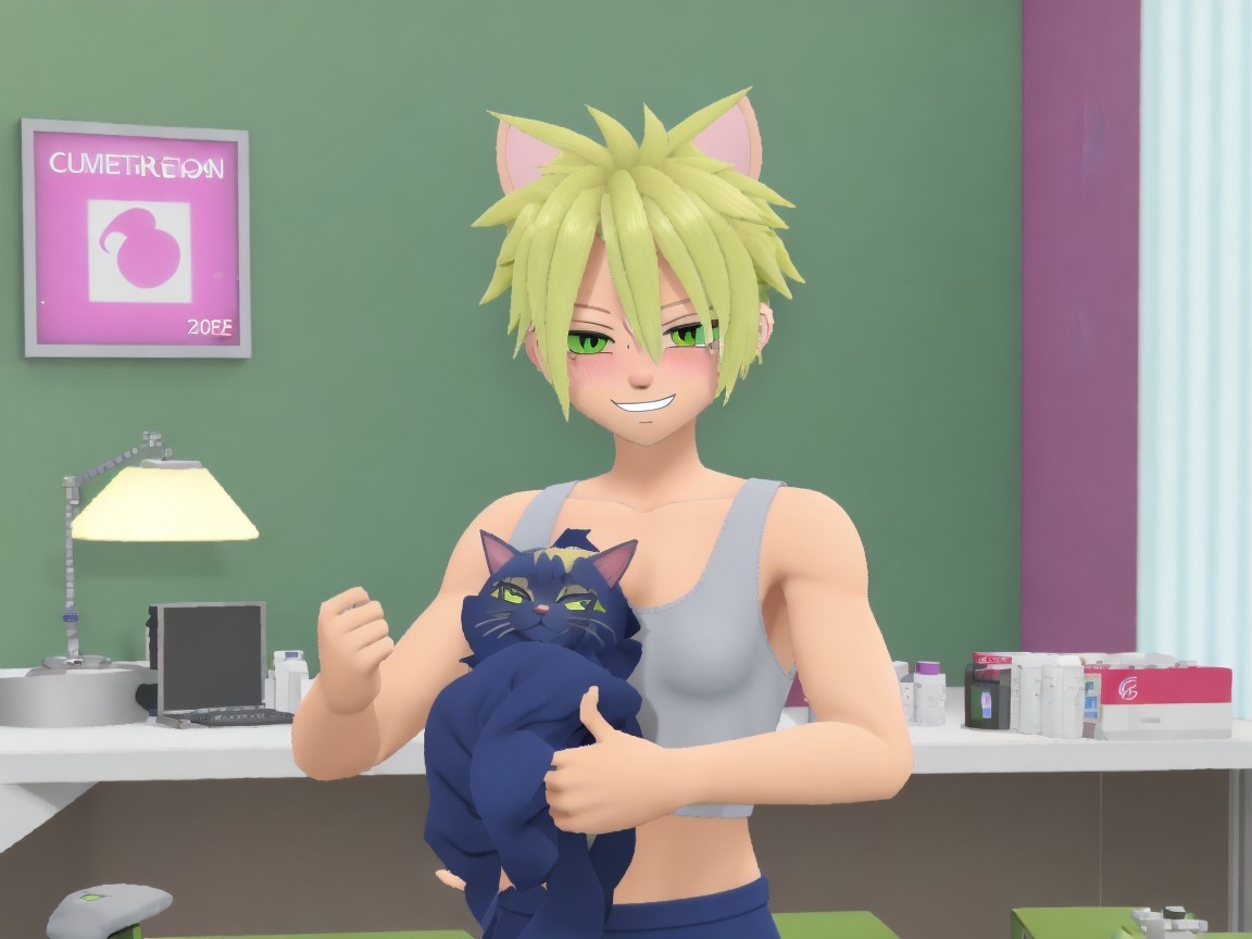 Cheerful character with cat ears and black cat in room
