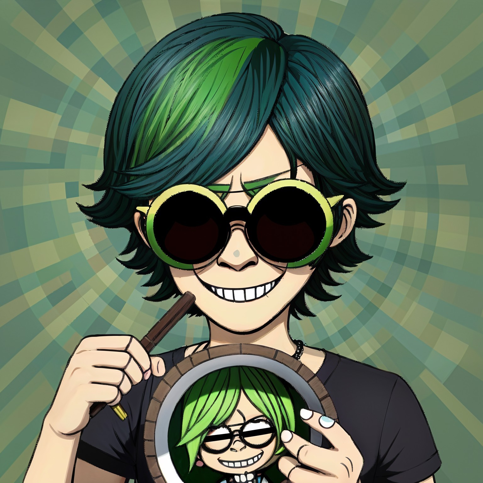 Vibrant Animated Character with Green and Black Hair