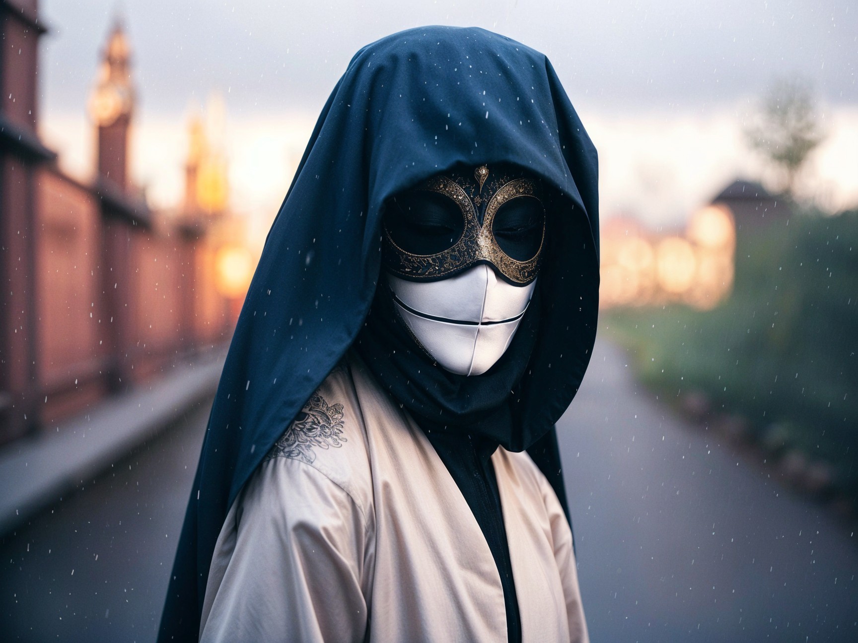 Mysterious Figure in Hooded Robe Against Urban Backdrop