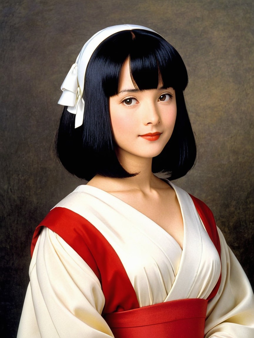 Young Woman in Traditional Red and White Kimono