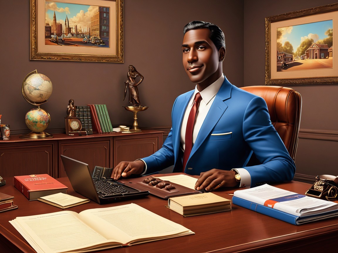 Confident Man in Blue Suit at Elegant Office Desk