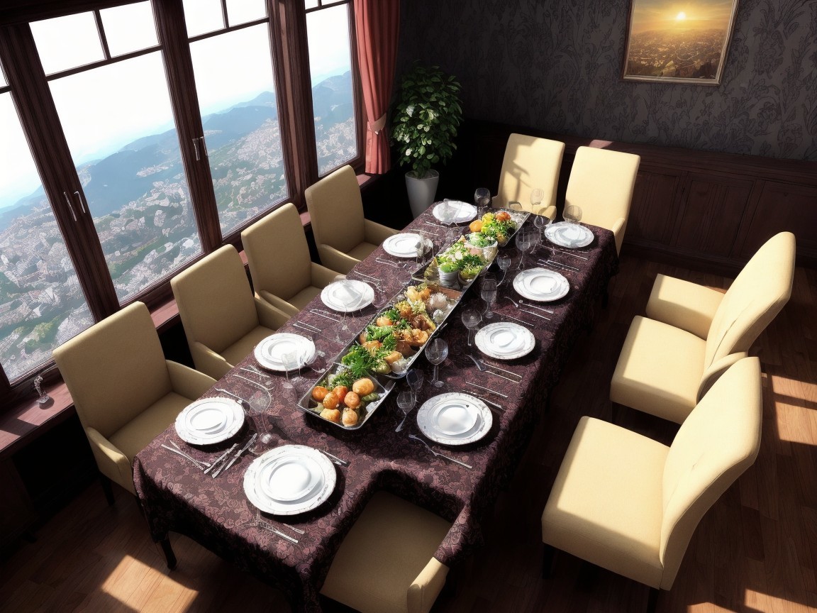 Lavish Dining Table Set with Gourmet Dishes and Views