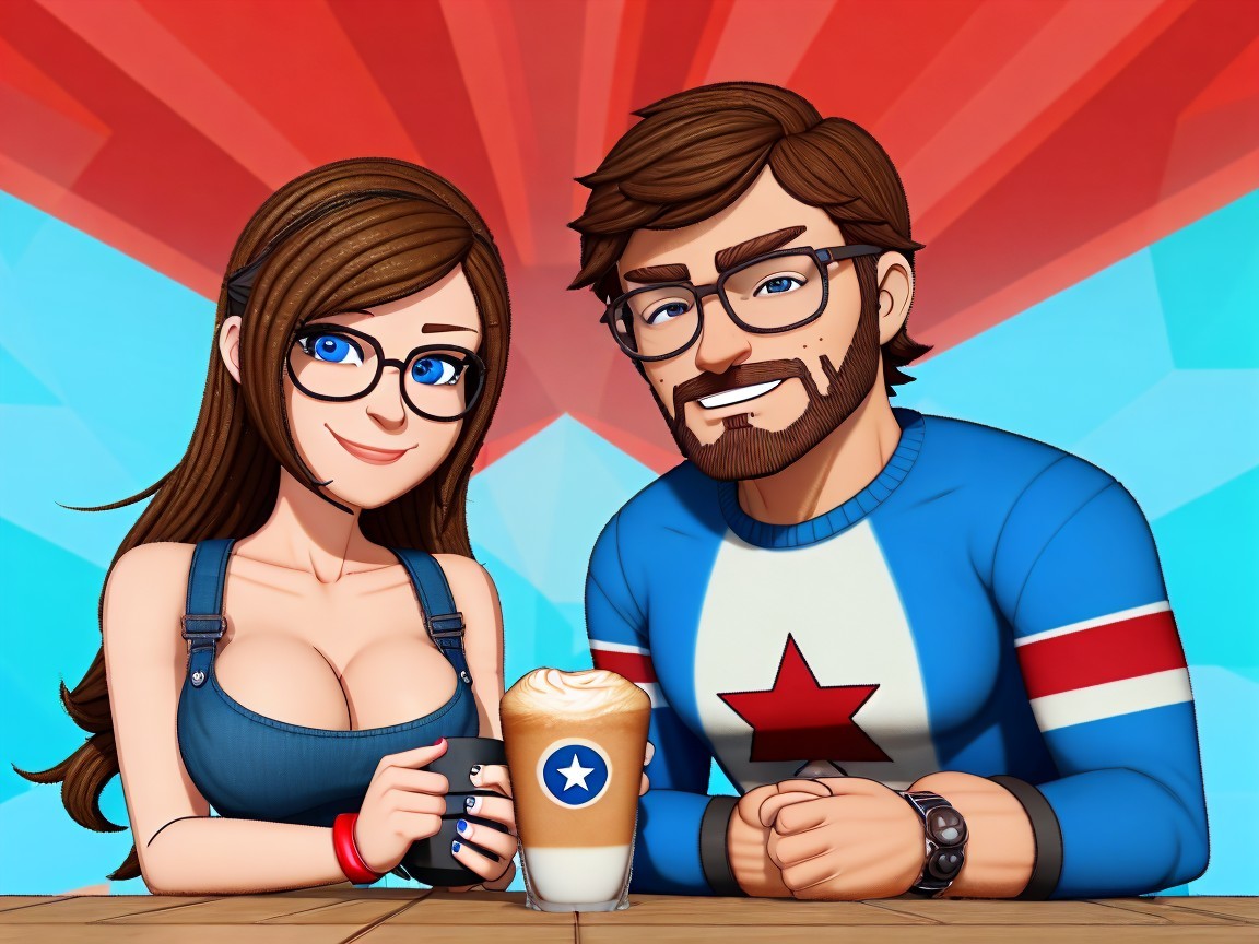 Animated Couple at Table with Coffee in Geometric Setting