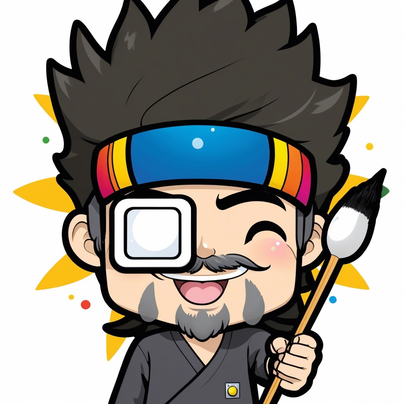 Colorful Cartoon Man with Paintbrush and Starburst Background