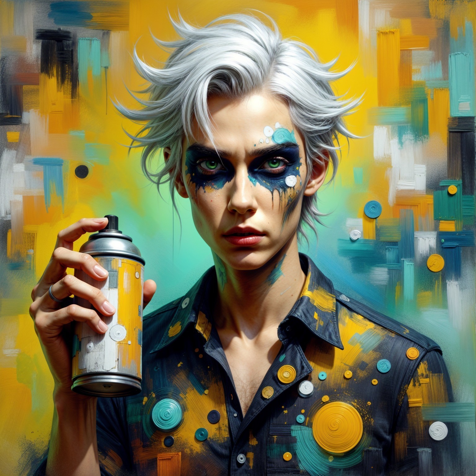 Young person with silver hair and bold makeup artistry