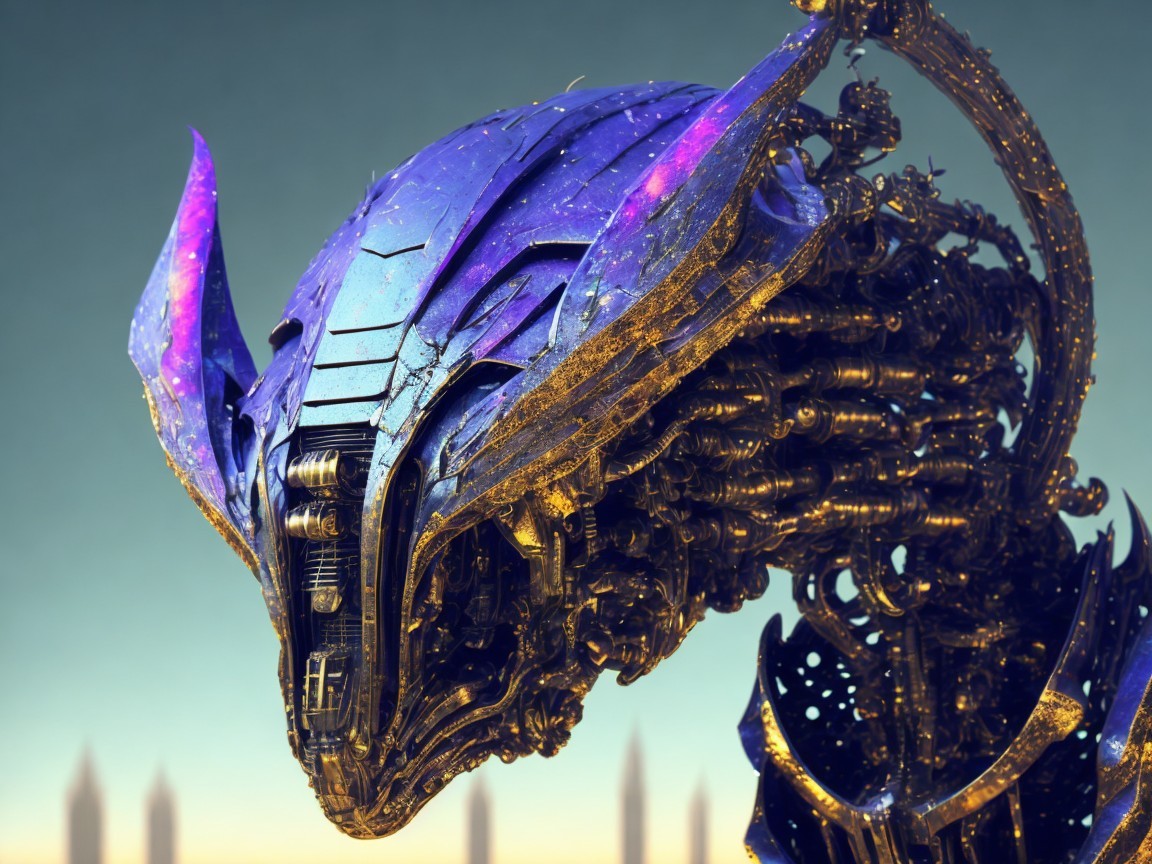 Close-up of a cybernetic golden and purple dragon