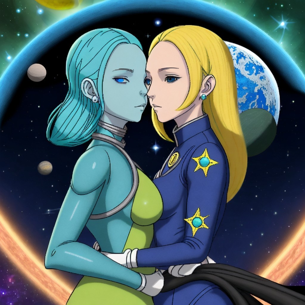 Cosmic Embrace of Two Serene Female Figures