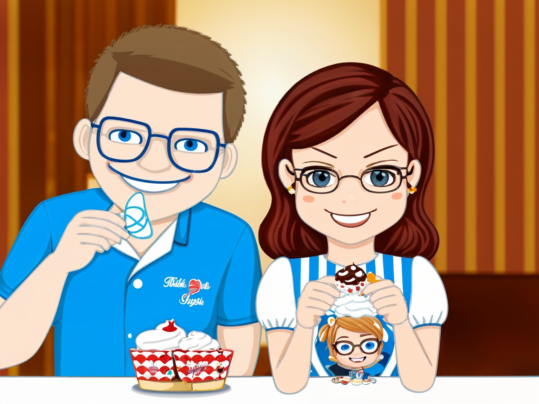 Cheerful Cartoon Couple Enjoying Ice Cream and Cupcakes