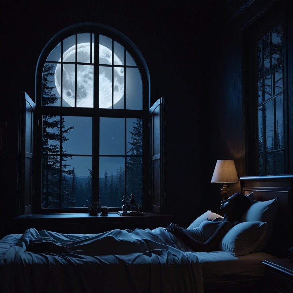 Peaceful Bedroom with Moonlit Window and Warm Lighting