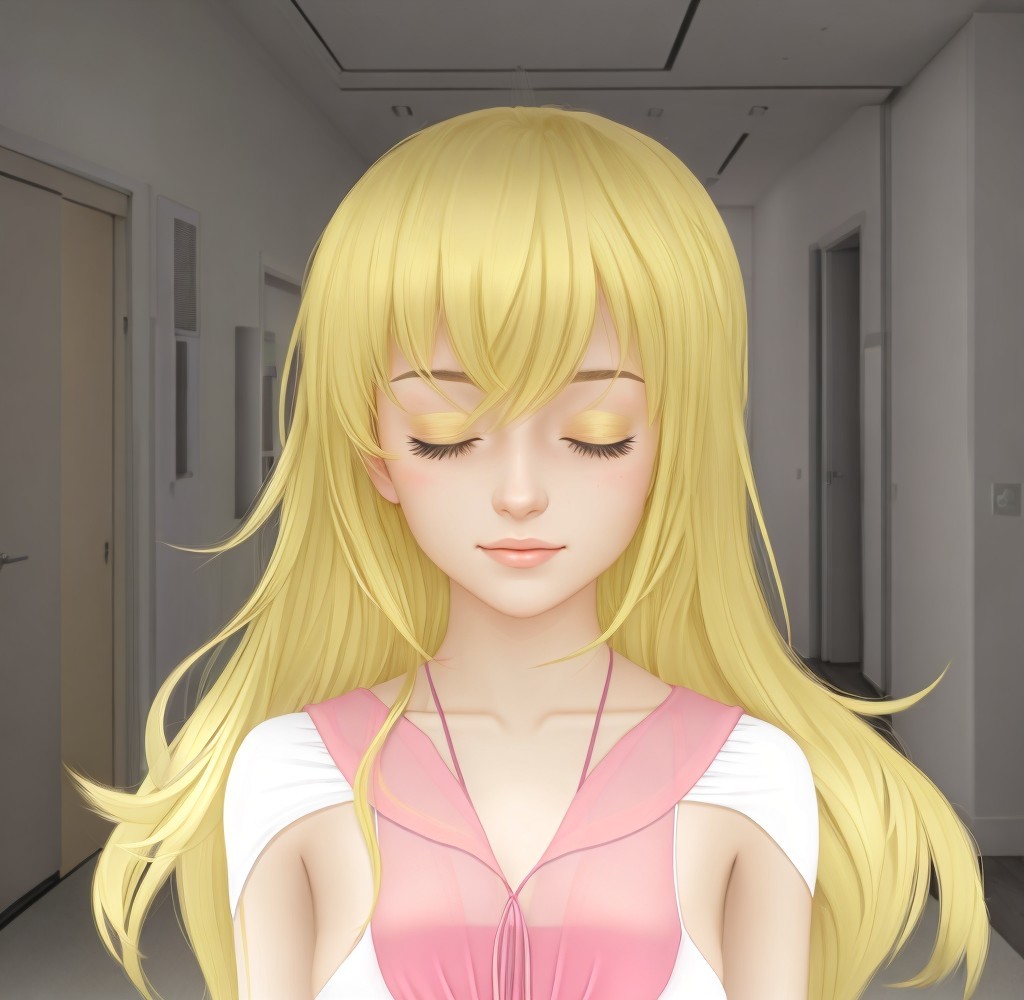Serene Animated Girl in Pastel Pink Top in Hallway