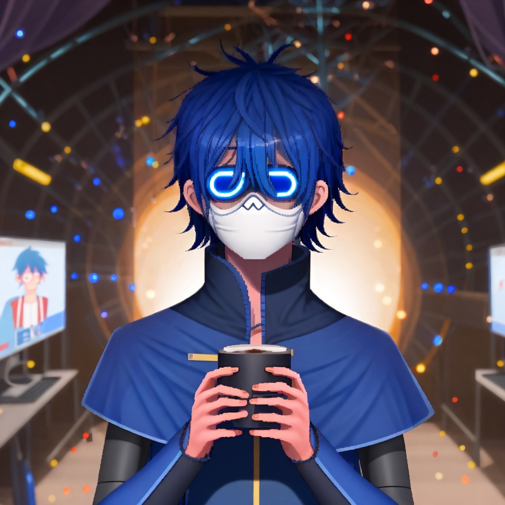 Futuristic Character in Digital Space with Blue Hair