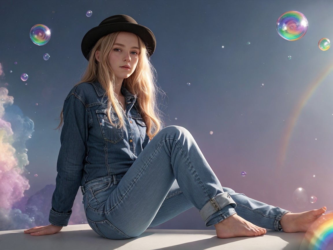 Young woman in denim with colorful dreamy backdrop
