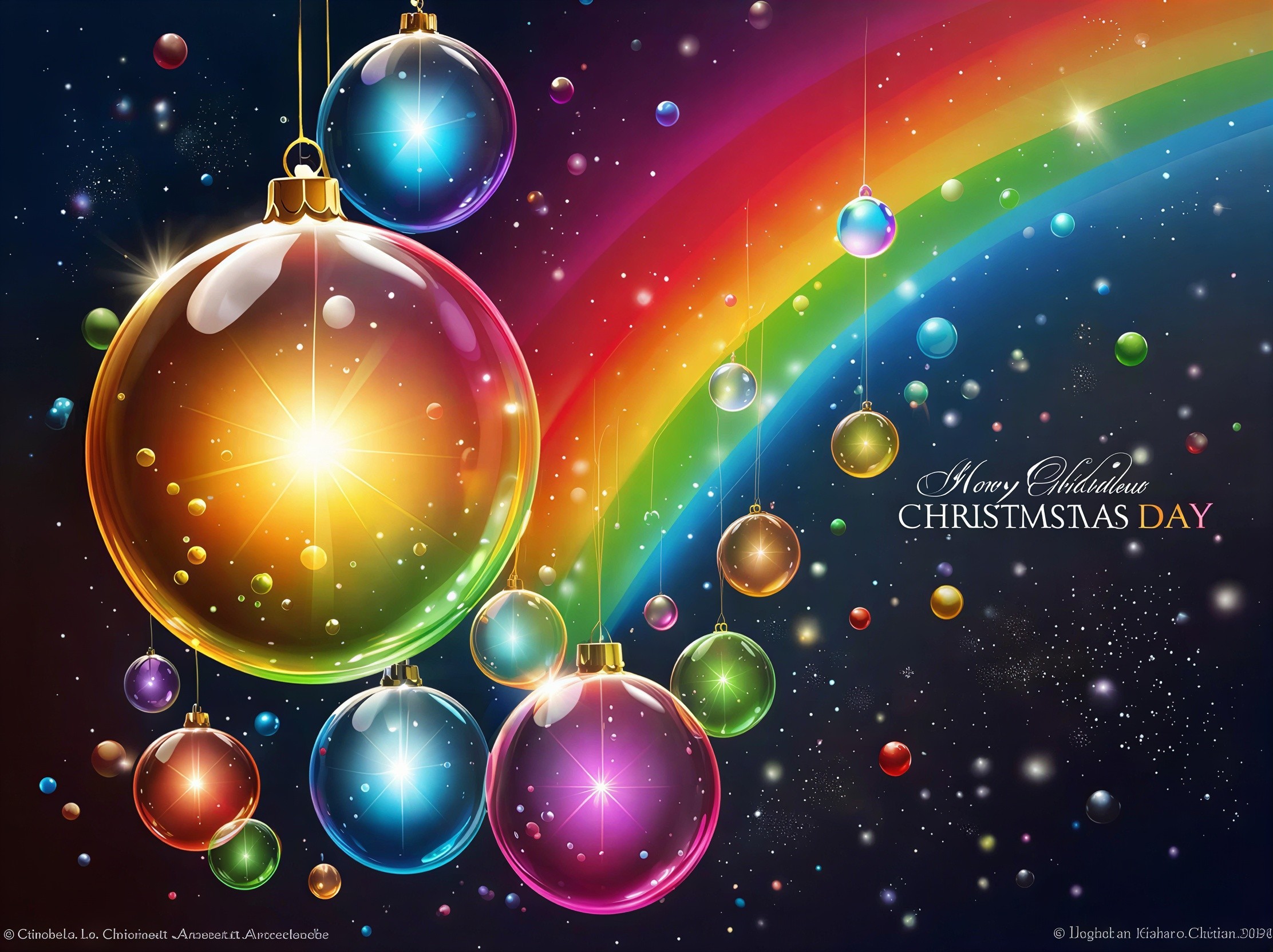 Cosmic Christmas Night with Rainbow Ornaments and Stars