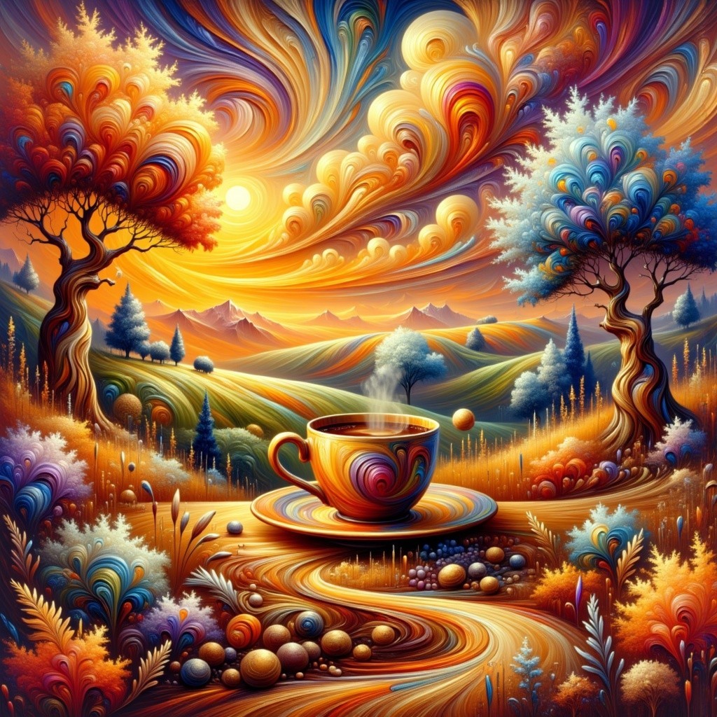Vibrant Colorful Landscape with Coffee and Abstract Elements