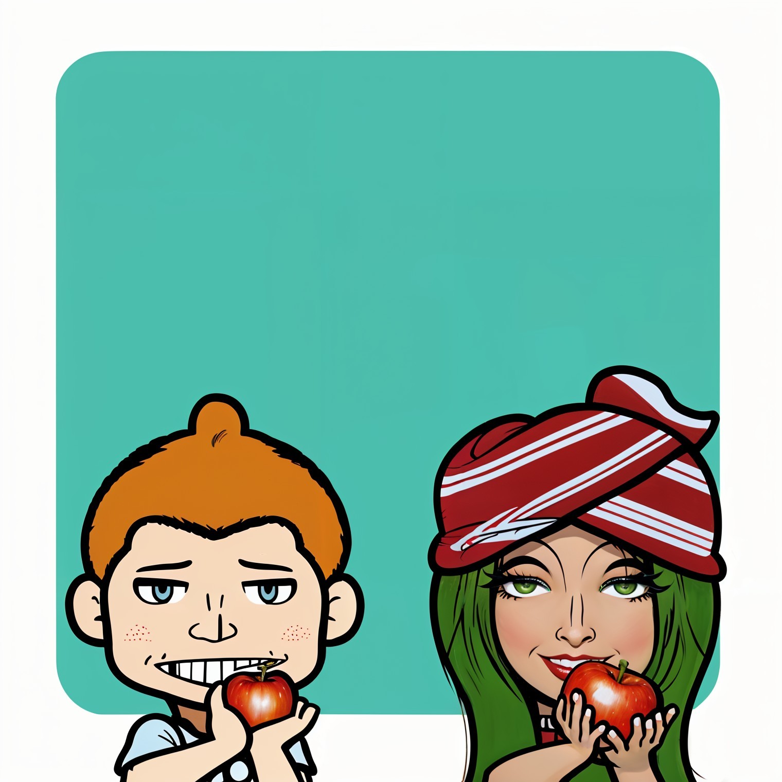 Cartoon Characters with Apples on Teal Background