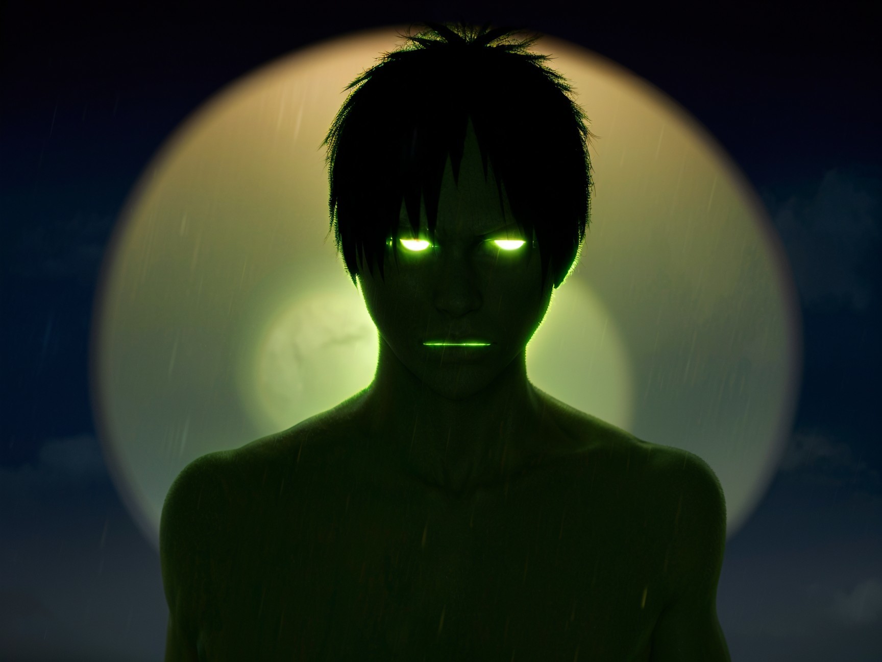 Shadowy Figure with Glowing Eyes Against Moonlit Scene
