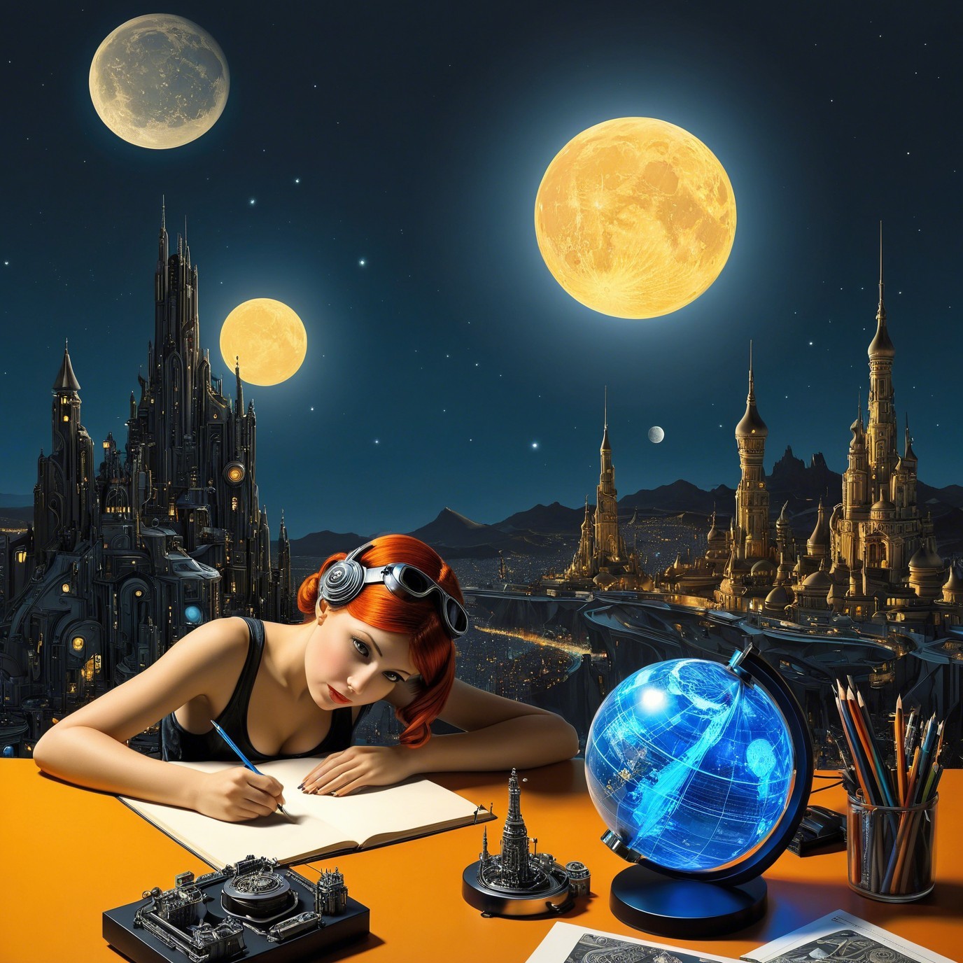 Young woman writing at steampunk-themed orange desk