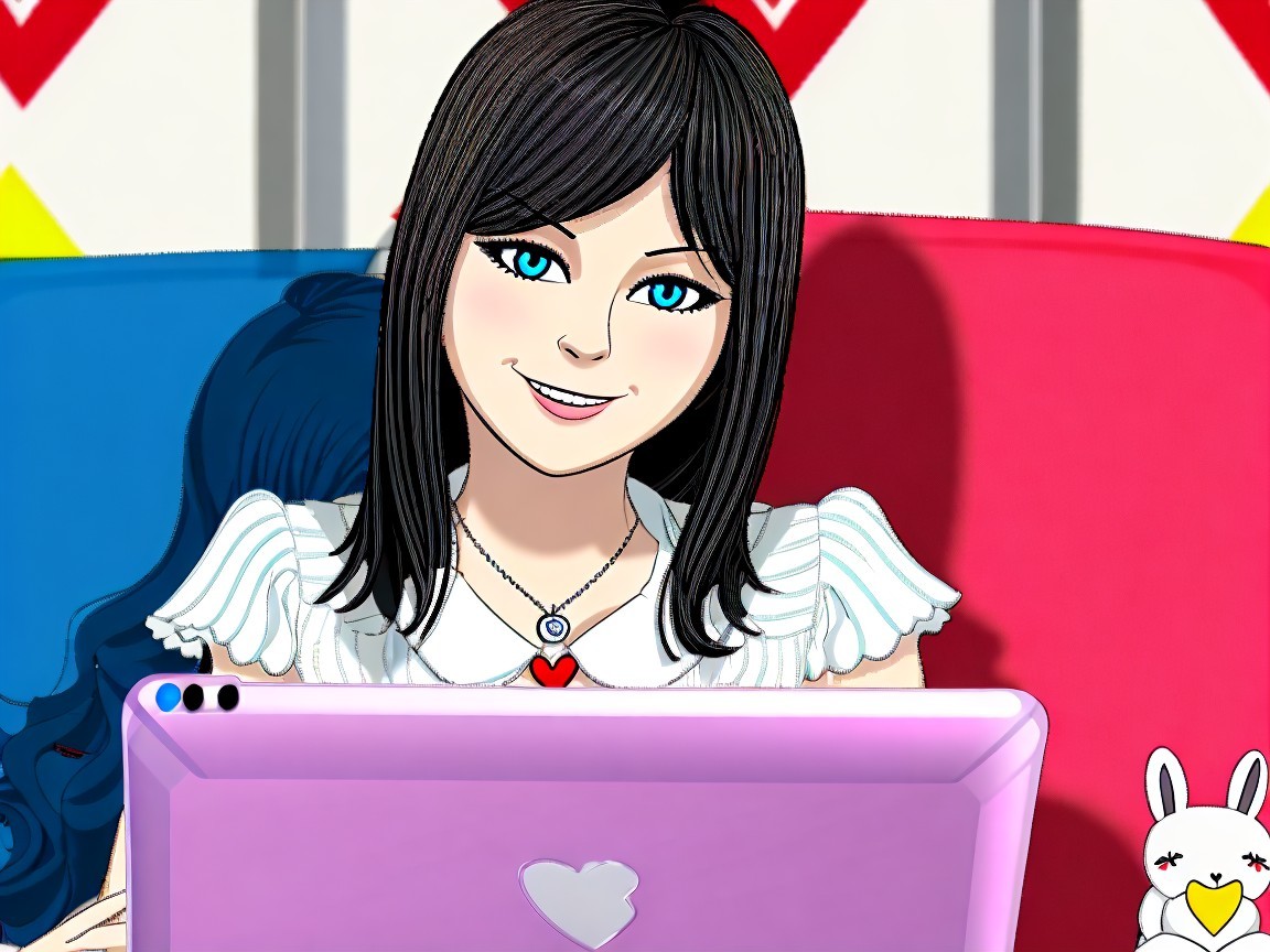 Cheerful Young Woman at Colorful Desk with Laptop