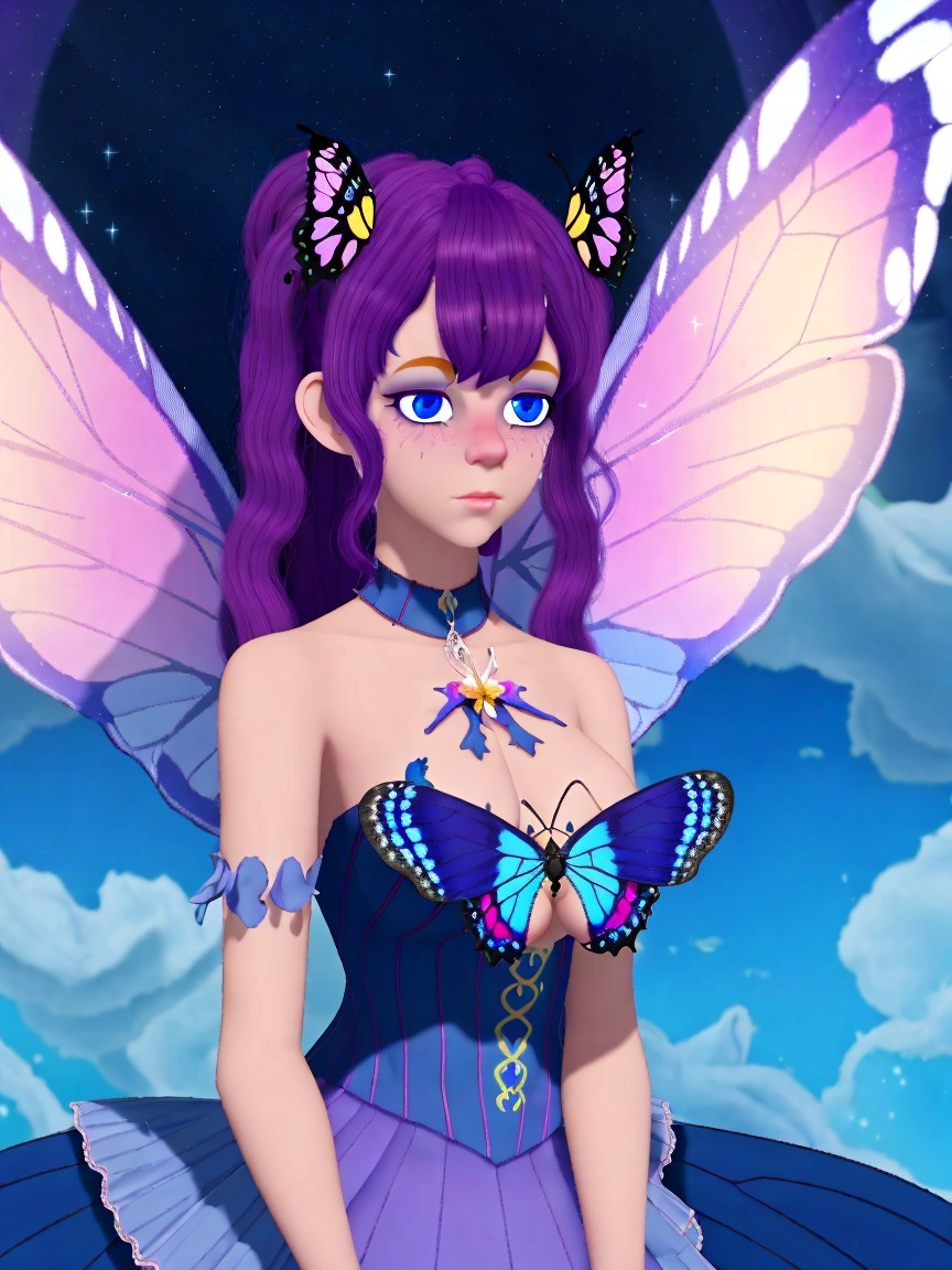 Whimsical character with purple hair and butterfly wings