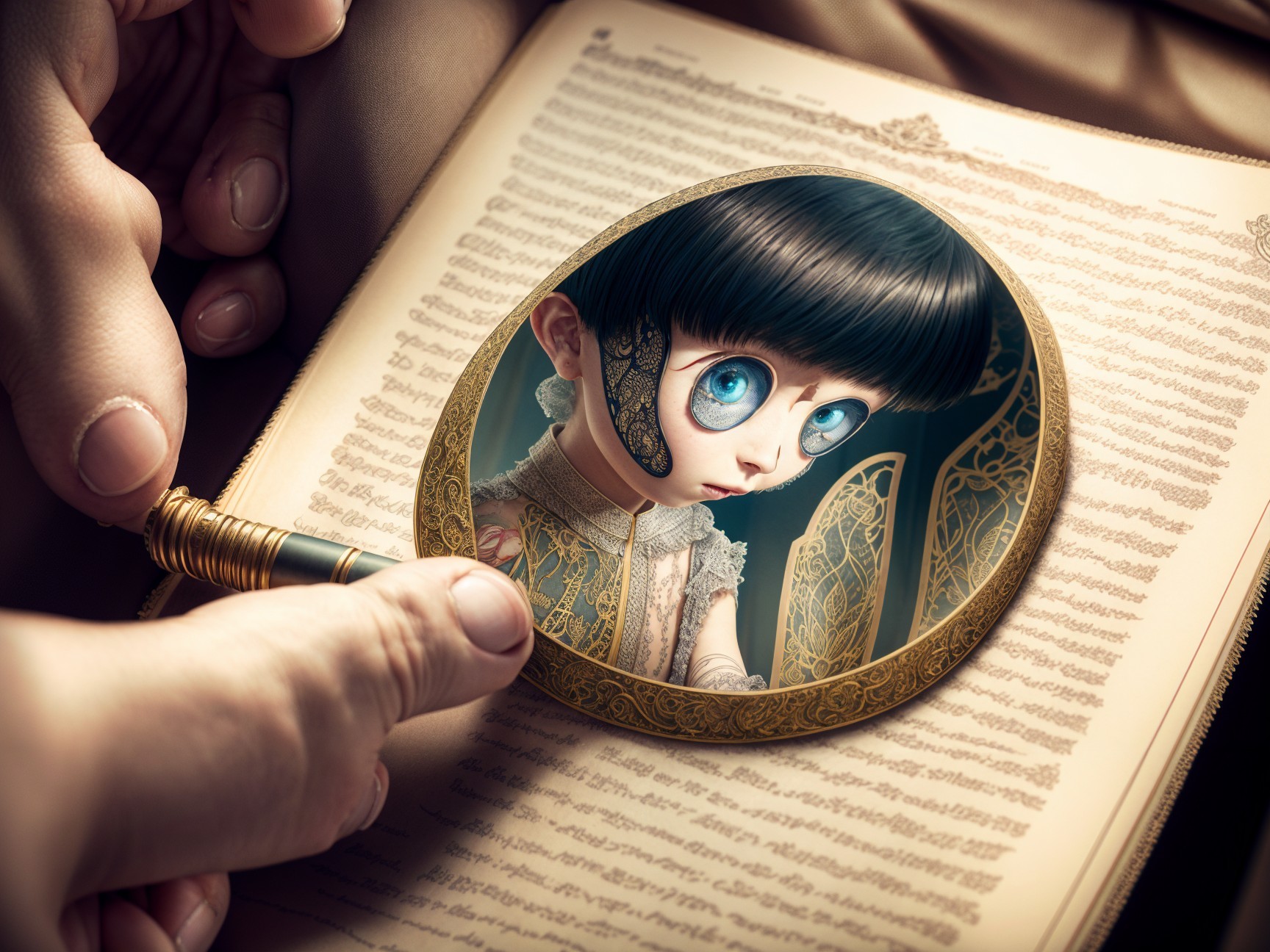 Child with mechanical enhancements and vintage book pages