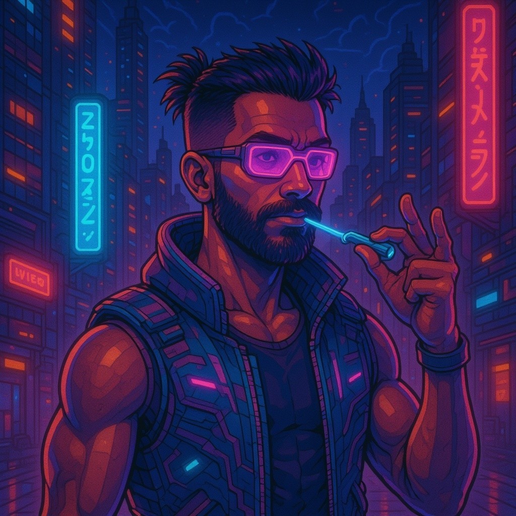 Cyberpunk Character in Neon Cityscape with Futuristic Gear