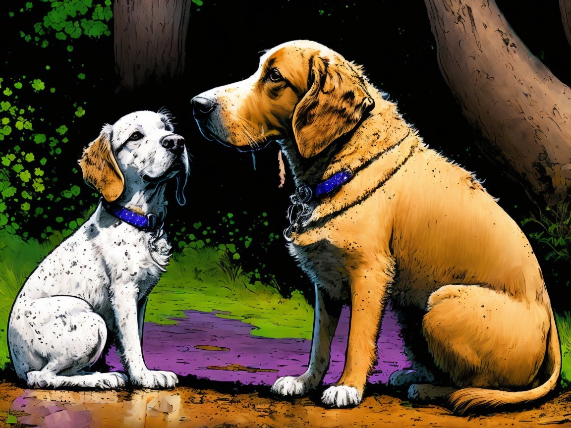 Playful Puppy and Dog in a Sunlit Forest Setting