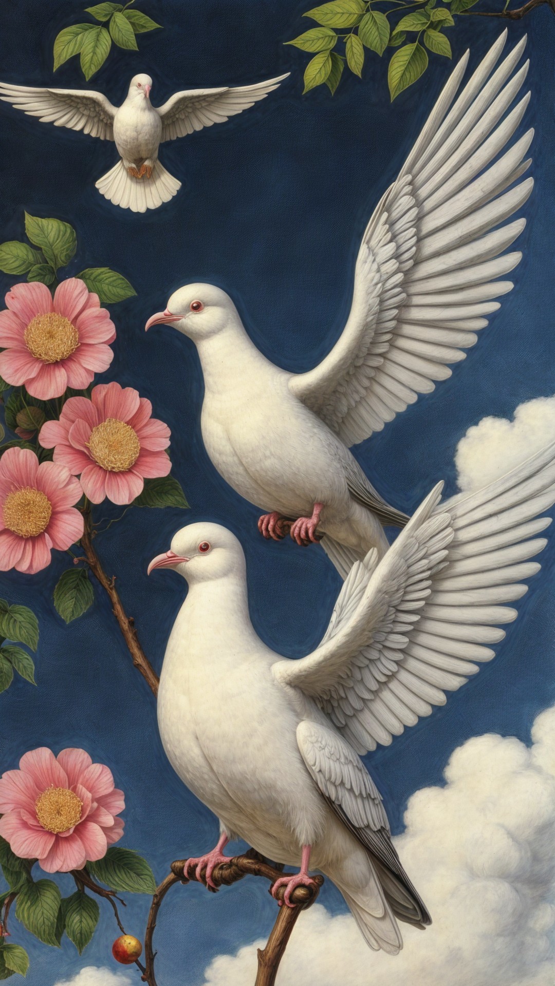 Three White Doves on Branch with Pink Flowers