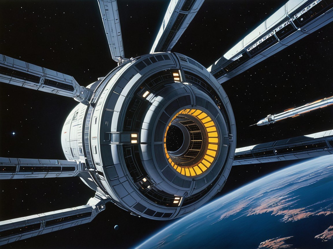 Futuristic Space Station Orbiting Earth with Radiating Arms