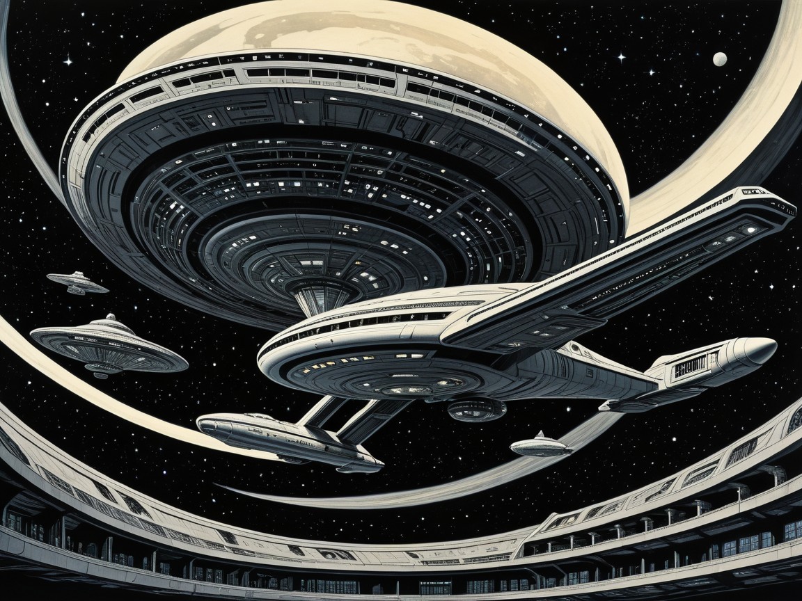 Futuristic Space Scene with Circular Spaceship Design