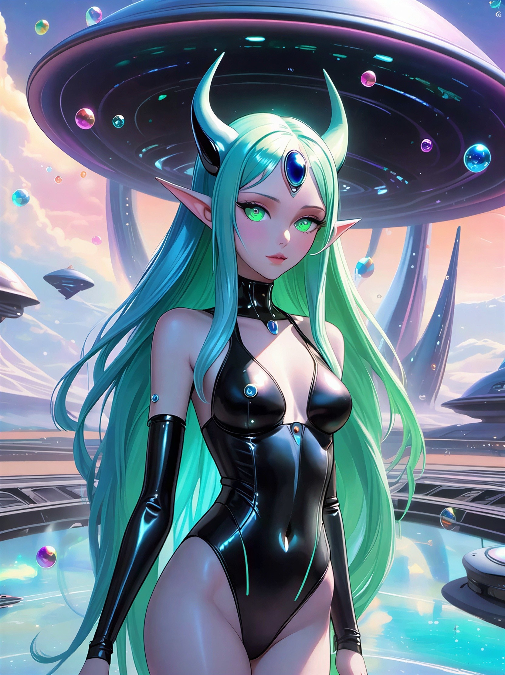 Anime Character with Elf Ears in Futuristic Cityscape