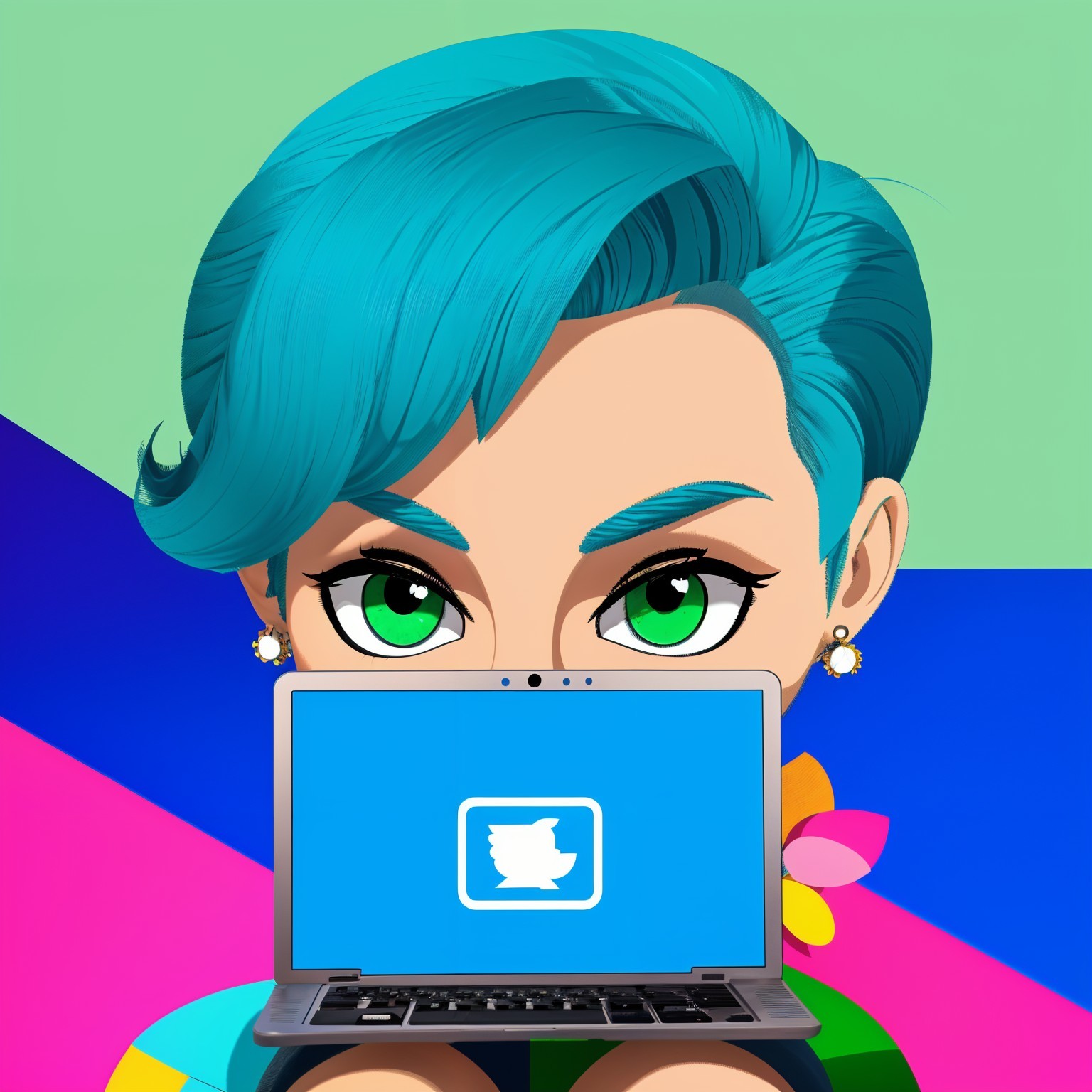 Colorful Animated Character with Teal Hair and Laptop