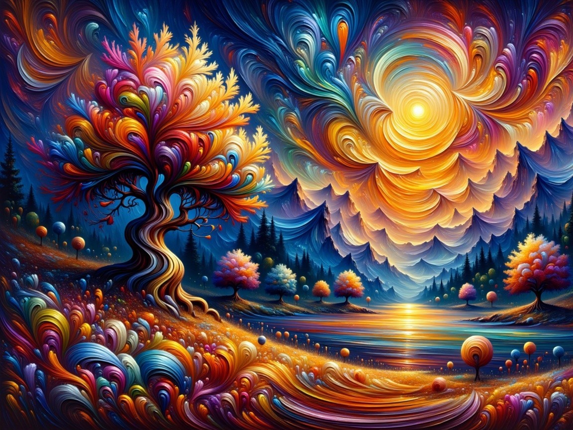 Vibrant Landscape with Colorful Sky and Serene Lake