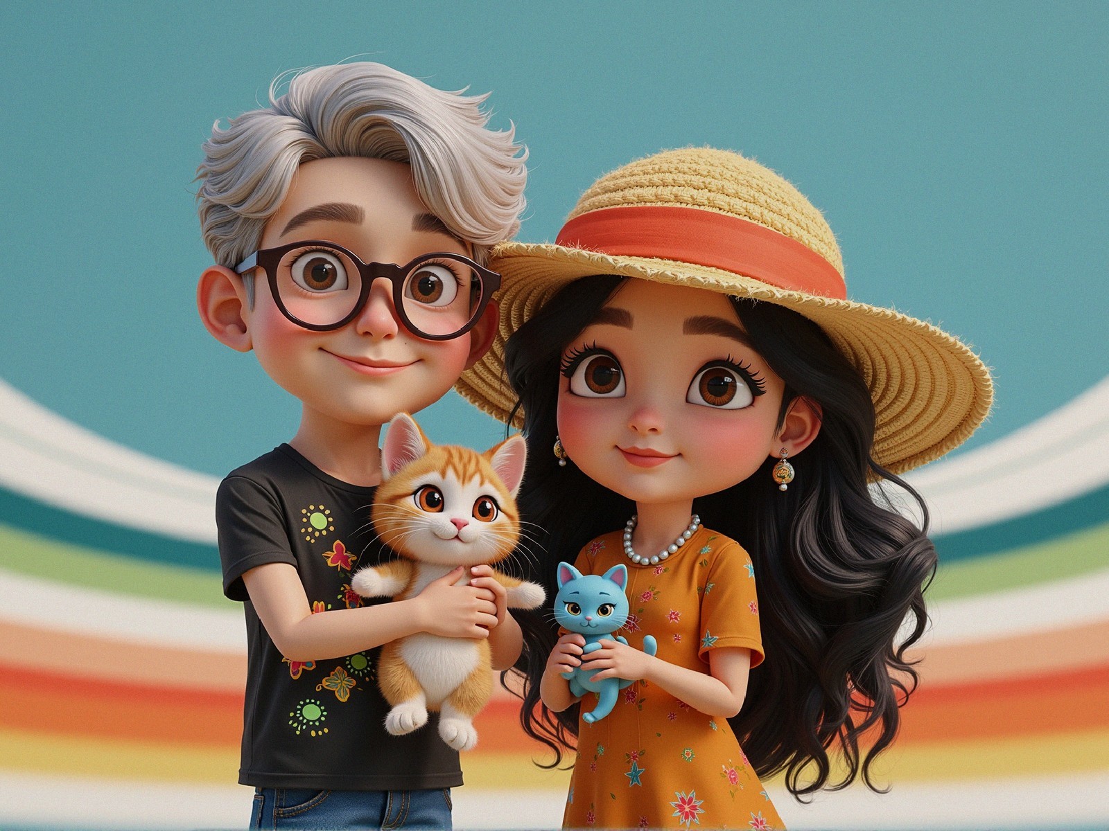 Cheerful Children with Kittens and Colorful Background