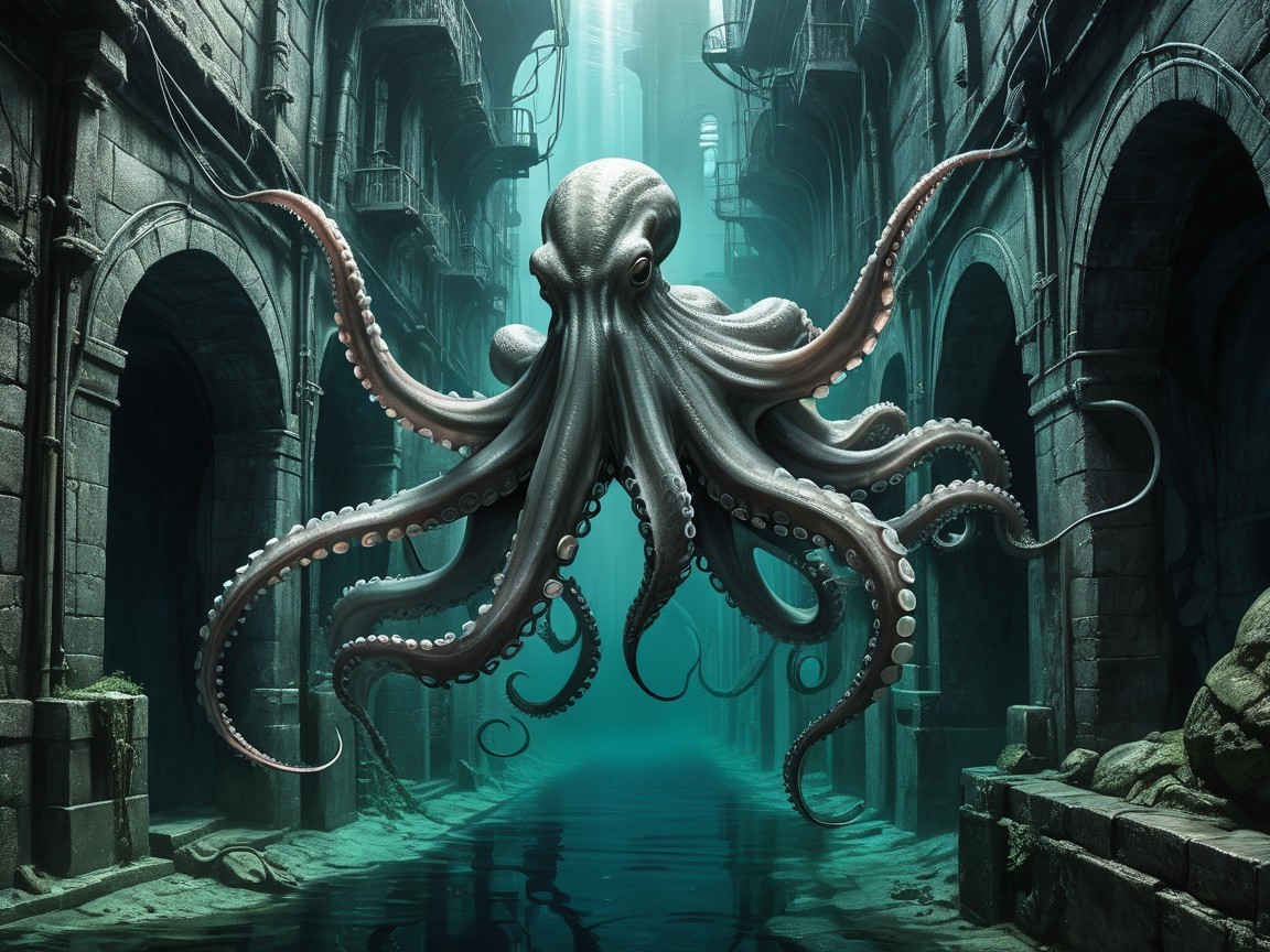 Enormous octopus in ancient underwater city ruins